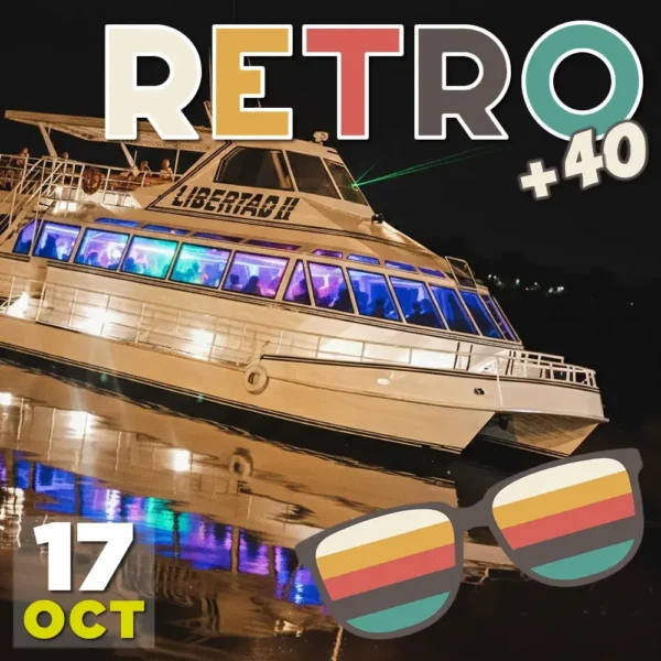 Cena show + navegación desde Olivos a Puerto Madero + boliche con la mejor música de los 80, 90 y 2000 en la Fiesta en Barco Retro para mayores de 40.